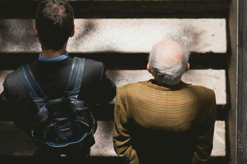 men walking on stairs